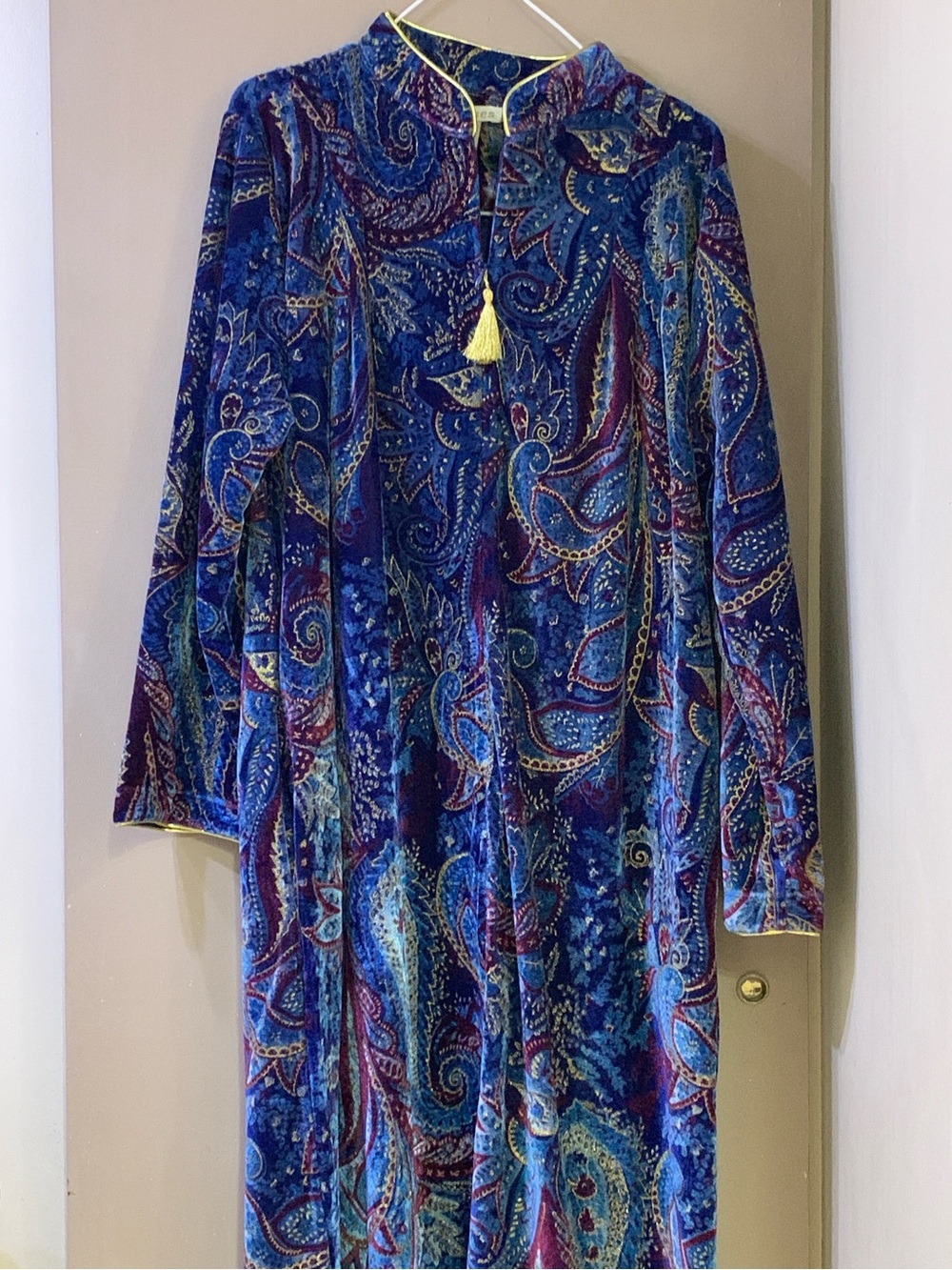 Phases Luxurious Blue Paisley Velvet Robe with Tassel Neck